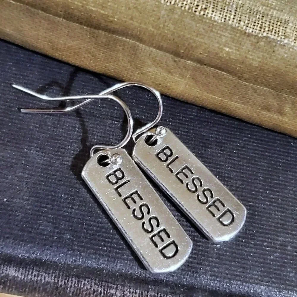 Handcrafted Blessed Inspirational Word Message Carved Silver Black Earrings